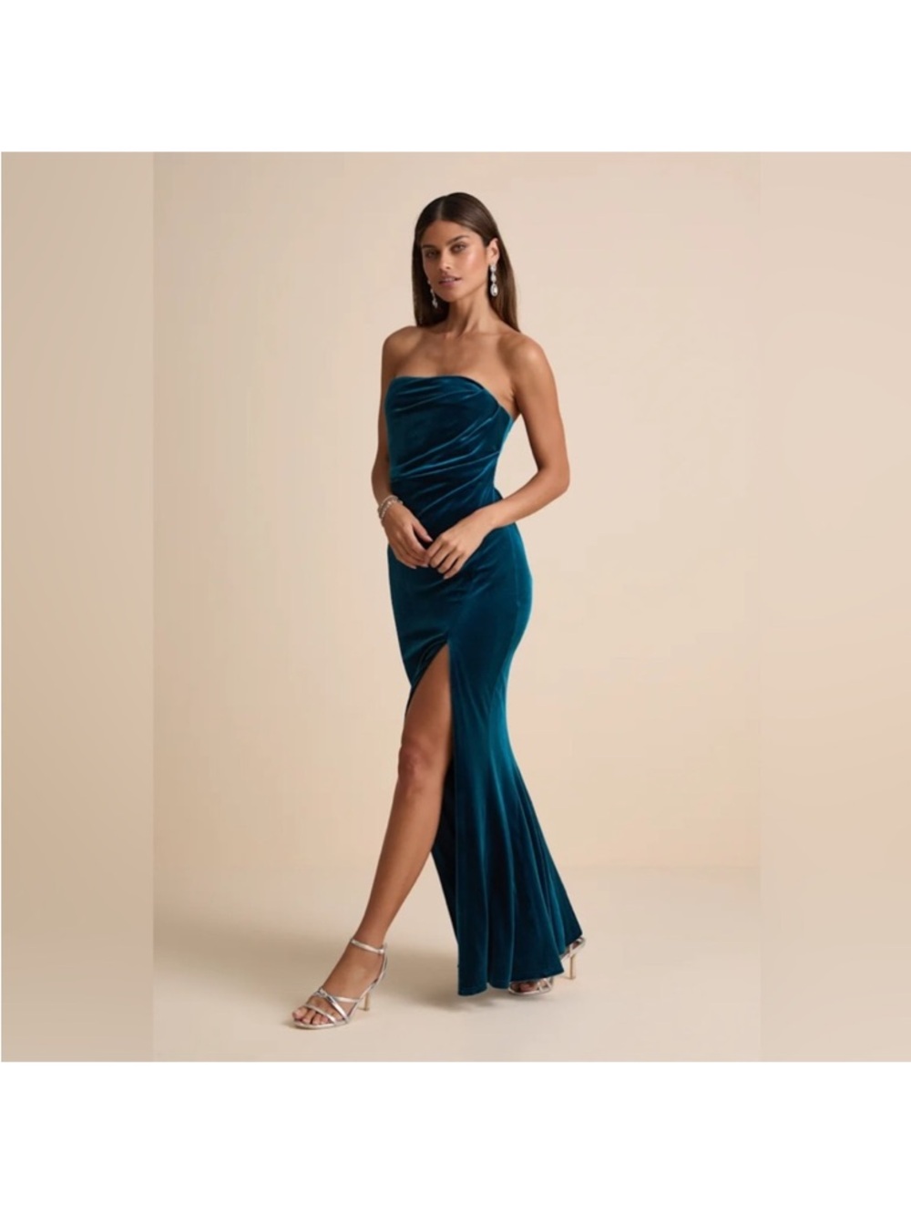 NWT - Lulus Women Perfectly Captivating Velvet Strapless Maxi Dress Dark Teal